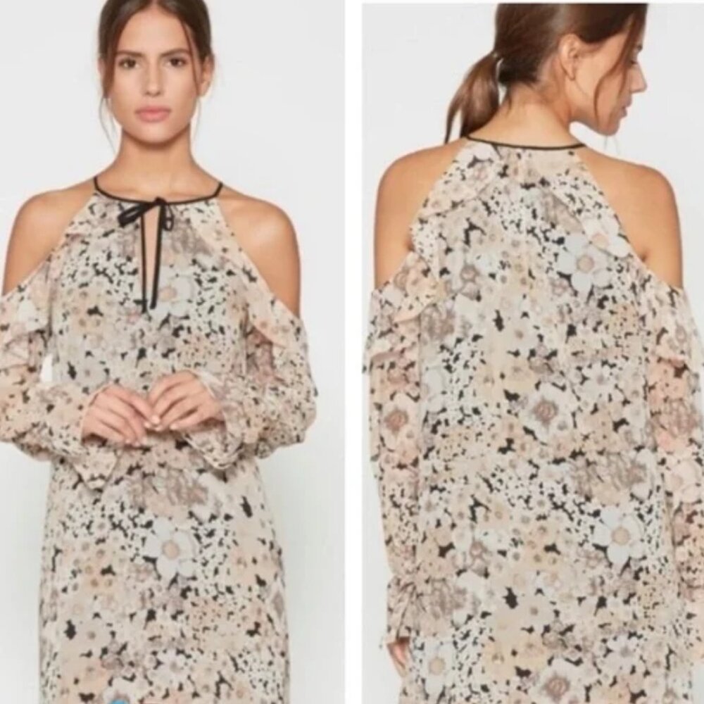 JOIE Amorita 100% Silk Ruffle Trim Peasant Cold Shoulder Floral Dress SIZE M